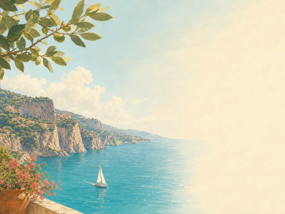 A sailboat on a sunlit Mediterranean coast